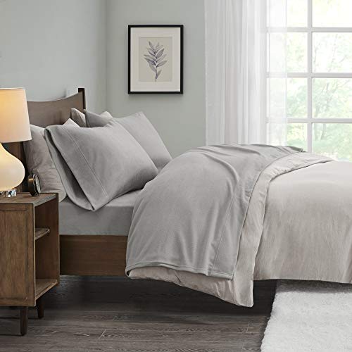 Sleep Philosophy True North Micro Fleece Bed Sheet Set, Warm, Sheets with 14" Deep Pocket, for Cold Season Cozy Sheet-Set, Matching Pillow Case, Cal King, Grey, 4 Piece