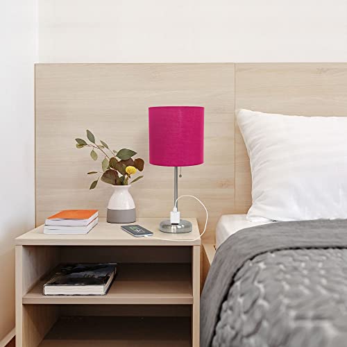 Creekwood Home Oslo 19.5" Contemporary Bedside Power Outlet Base Standard Metal Table Desk Lamp in Brushed Steel with Pink Drum Fabric Shade