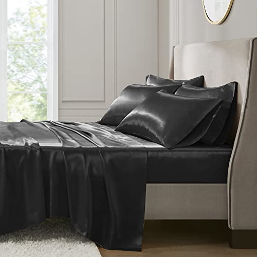 Madison Park - SHET20-173 Satin Wrinkle-Free Luxurious and Silky with 16" Deep Pocket 6 Piece Durable Sheet Set, Queen, Black