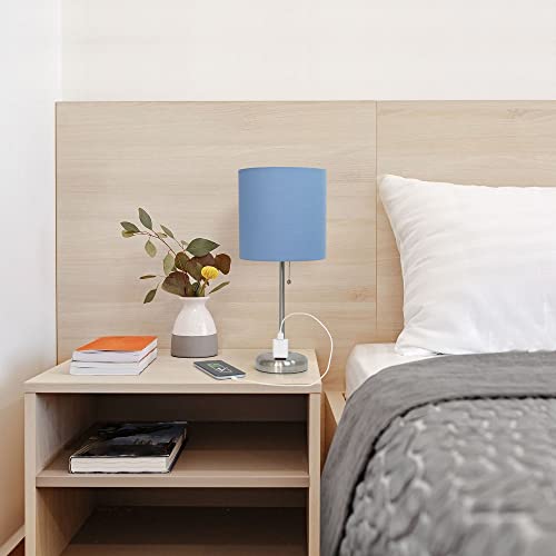 Creekwood Home Oslo 19.5" Contemporary Bedside Power Outlet Base Standard Metal Table Desk Lamp in Brushed Steel with Blue Drum Fabric Shade