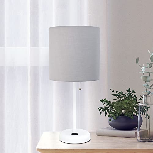 Creekwood Home Oslo 19.5" Contemporary Bedside Power Outlet Base Standard Metal Table Desk Lamp in White with Gray Drum Fabric Shade