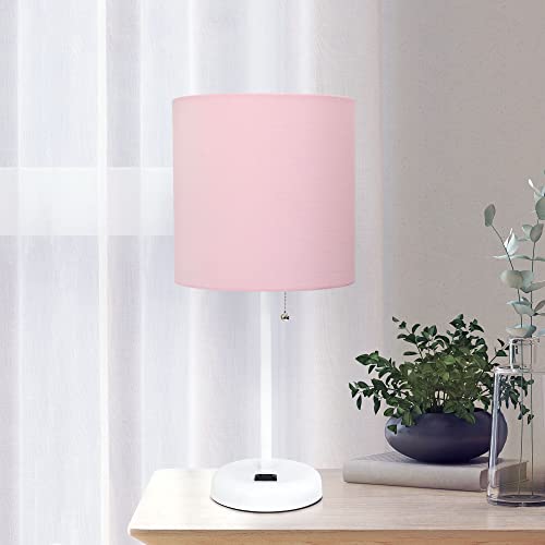 Creekwood Home Oslo 19.5" Contemporary Bedside Power Outlet Base Standard Metal Table Desk Lamp in White with Light Pink Drum Fabric Shade