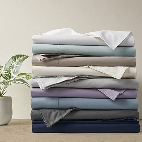 Madison Park Peached 100% Percale Cotton Breathable Absorbent Ultra Soft Luxury Premium Hotel Bed Sheet Set Bedding, Queen Size, Grey, 4 Piece