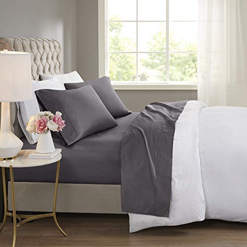 Beautyrest BR 600 TC Cooling Cotton Blend Solid Bed Sheet Set with 16 Inch Deep Pocket, All Season, Soft Bedding-Set, Matching Pillow Case, Queen, Charcoal, 4 Piece