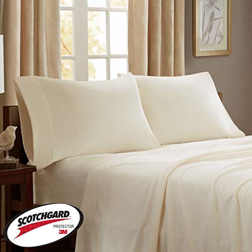 Peak Performance 3M Scotchgard Micro Fleece Bed Sheet Set Wrinkle and Stain Resistant, Soft Plush Sheets with 14" Deep Pocket, Cold Season Cozy Bedding-Set, Matching Pillow Case, Twin, Ivory, 3 Piece