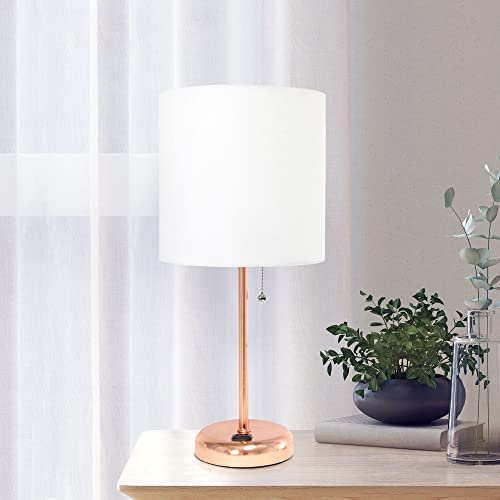 Creekwood Home Oslo 19.5" Contemporary Bedside Power Outlet Base Standard Metal Table Desk Lamp in Rose Gold with White Drum Fabric Shade