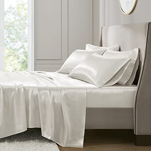 Madison Park Essentials Satin Sheet Set Luxury and Silky with Natural Sheen, Premium 16" Deep Pocket, All Around Elastic - Year-Round Bedding, Full, Ivory, 6 Piece