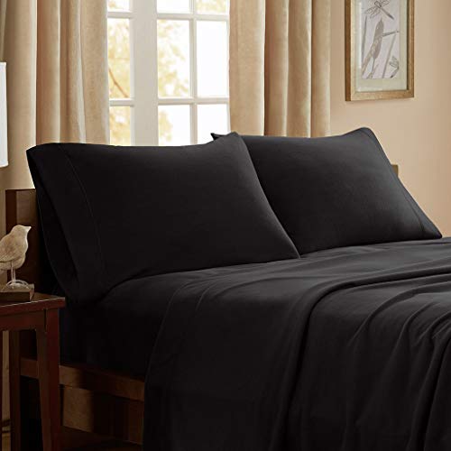 Peak Performance 3M Scotchgard Micro Fleece Bed Sheet Set Wrinkle and Stain Resistant, Soft Plush Sheets with 14" Deep Pocket, Cold Season Cozy Bedding-Set, Matching Pillow Case, Twin, Black, 3 Piece