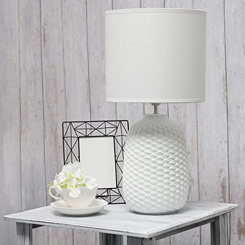 Simple Designs LT1135-OFF 20.4" Tall Traditional Ceramic Purled Texture Bedside Table Desk Lamp w White Fabric Drum Shade for Home Decor, Bedroom, Living Room, Entryway, Office, Off White