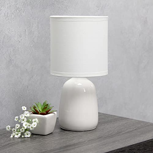 Simple Designs LT1134-OFF 10.04" Tall Traditional Ceramic Thimble Base Bedside Table Desk Lamp w Matching Fabric Shade for Home Decor, Nightstand, Bedroom, Living Room, Entryway, Office, Off White