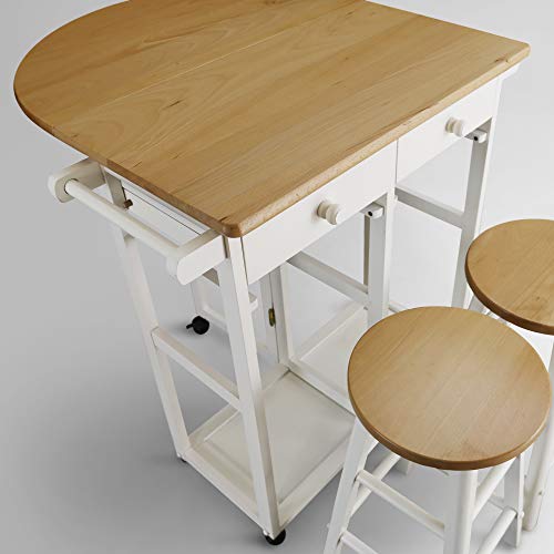 Casual Home Drop Leaf Breakfast Cart with 2 Stools-White, 32"D x 29.75"W x 33"H