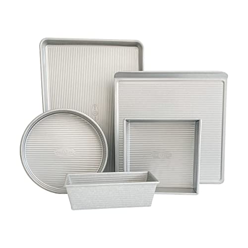 USA Pan Bakeware Aluminzed Steel 5-Piece Set Half, Cookie Sheet, Loaf, Square, Round Cake Pan