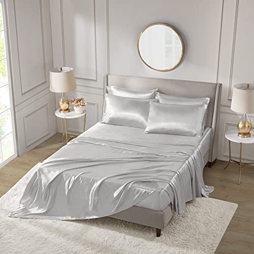 Madison Park Essentials Satin Sheet Set Luxury and Silky with Natural Sheen, Premium 16" Deep Pocket, All Around Elastic - Year-Round Bedding, Cal King, Light Grey, 6 Piece