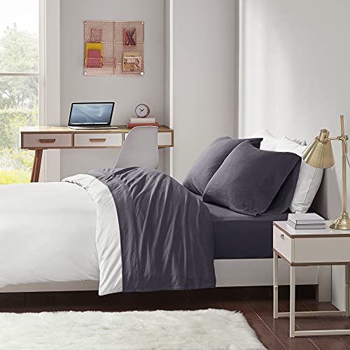 Cotton Blend Jersey Knit King Bed Sheets , Coastal Cotton Bed Sheet , Dark Grey Bed Sheet Set 4-Piece Include Flat Sheet , Fitted Sheet & 2 Pillowcases