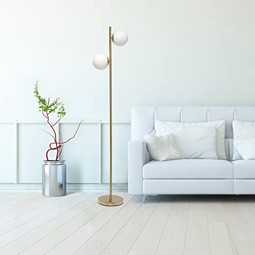 Simple Designs LF1044-GLD 66" Tall Mid Century Modern Standing Tree Floor Lamp w Dual White Glass Globe Shade for Study, Living Room, Bedroom, Entryway, Gold