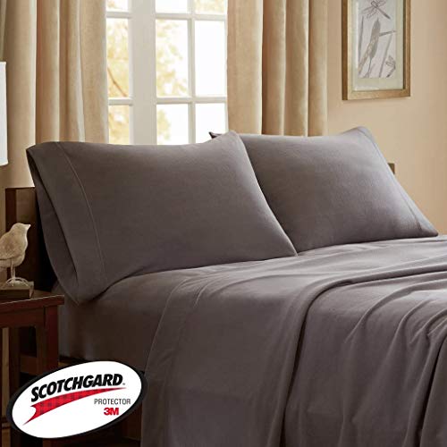 Peak Performance 3M Scotchgard Micro Fleece Bed Sheet Set Wrinkle and Stain Resistant, Soft Plush Sheets with 14" Deep Pocket, Cold Season Cozy Bedding-Set, Matching Pillow Case, Queen, Grey, 4 Piece