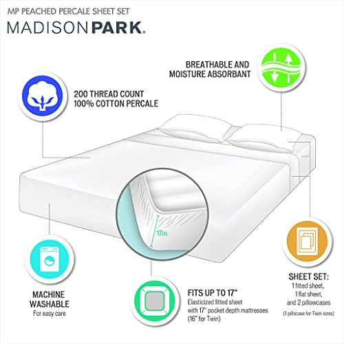 Madison Park Peached 100% Percale Cotton Breathable Absorbent Ultra Soft Luxury Premium Hotel Bed Sheet Set Bedding, Queen Size, White, 4 Piece