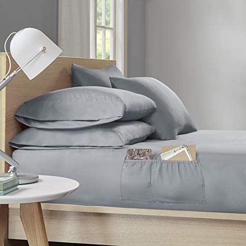 Intelligent Design Side Storage Pockets Ultra Soft Wrinkle Free Microfiber Bed Sheet Set Bedding, Twin Xl Size, Grey, 4 Piece