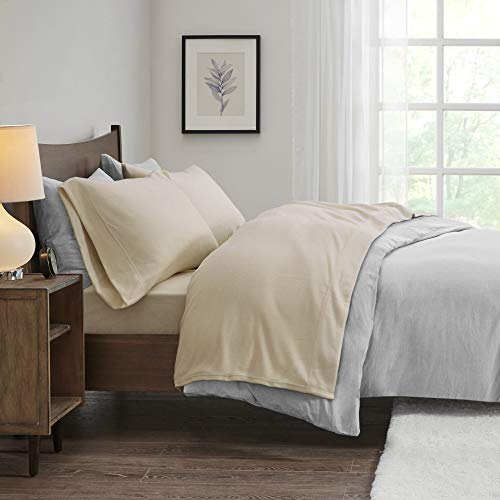 True North by Sleep Philosophy Micro Fleece Bed Sheet Set, Warm, Sheets with 14" Deep Pocket, for Cold Season Cozy Sheet-Set, Matching Pillow Case, Queen, Khaki, 4 Piece