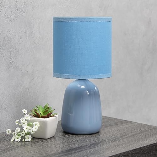 Simple Designs LT1134-SKY 10.04" Tall Traditional Ceramic Thimble Base Bedside Table Desk Lamp w Matching Fabric Shade for Home Decor, Nightstand, Bedroom, Living Room, Entryway, Office, Sky Blue