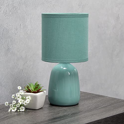 Simple Designs LT1134-SEA 10.04" Tall Traditional Ceramic Thimble Base Bedside Table Desk Lamp w Matching Fabric Shade for Home Decor, Nightstand, Bedroom, Living Room, Entryway, Office, Seafoam