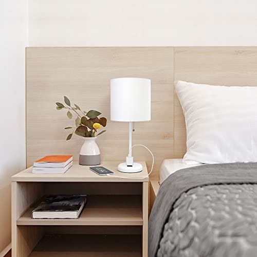 Creekwood Home Oslo 19.5" Contemporary Bedside Power Outlet Base Standard Metal Table Desk Lamp in White with White Drum Fabric Shade