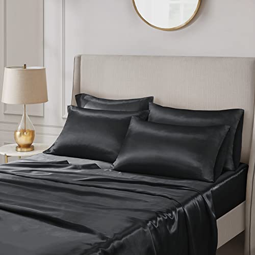 Madison Park Essentials Satin Sheet Set Luxury and Silky with Natural Sheen, Premium 16" Deep Pocket, All Around Elastic - Year-Round Bedding, Cal King, Black, 6 Piece