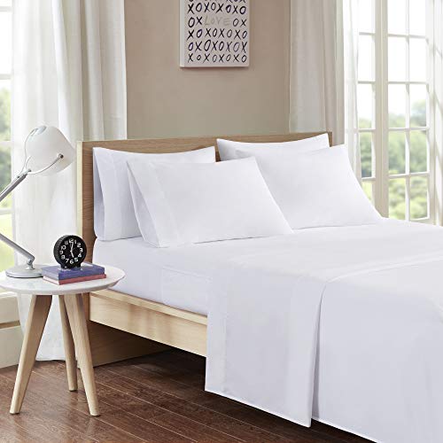 Intelligent Design Microfiber Bed Sheet Set with Side Pocket, Wrinkle Resistant, Soft Feel, Elastic 16" Deep Pocket, Modern All Season Cozy Bedding, Matching Pillow Case, Twin XL, White 4 Piece
