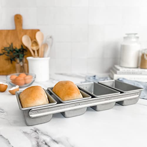 USA Pan Bakeware Strapped Mini Loaf Pan, 4 Loaves, Nonstick & Quick Release Coating, Made in the USA from Aluminized Steel