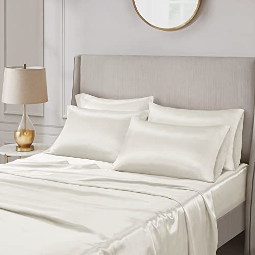 Madison Park Essentials Satin Sheet Set Luxury and Silky with Natural Sheen, Premium 16" Deep Pocket, All Around Elastic - Year-Round Bedding, Cal King, Ivory, 6 Piece