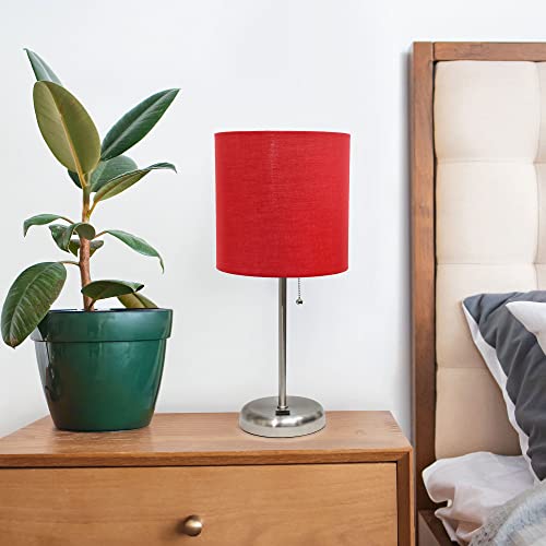 Creekwood Home Oslo 19.5" Contemporary Bedside USB Port Feature Standard Metal Table Desk Lamp in Brushed Steel with Red Drum Fabric Shade
