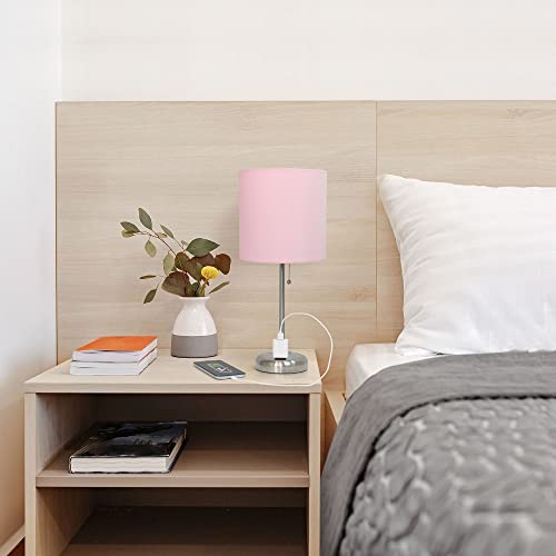 Creekwood Home Oslo 19.5" Contemporary Bedside Power Outlet Base Standard Metal Table Desk Lamp in Brushed Steel with Light Pink Drum Fabric Shade