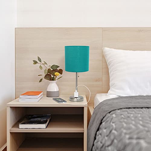 Creekwood Home Oslo 19.5" Contemporary Bedside Power Outlet Base Standard Metal Table Desk Lamp in Brushed Steel with Teal Drum Fabric Shade