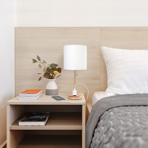 Creekwood Home Oslo 19.5" Contemporary Bedside Power Outlet Base Standard Metal Table Desk Lamp in Rose Gold with White Drum Fabric Shade