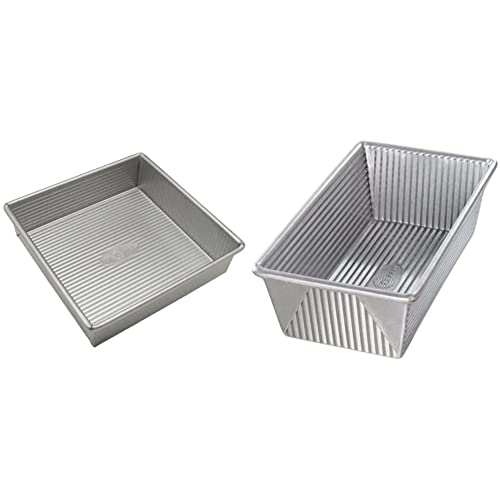 USA Pan Bakeware Square Cake Pan, 8 inch, Nonstick & Quick Release Coating, Made in the USA from Aluminized Steel & 1145LF Bakeware Aluminized Steel 1.25 Lb Loaf Pan, Medium, Silver