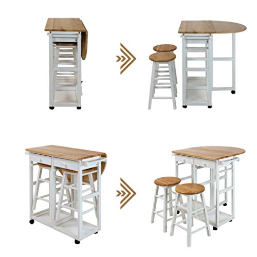 Casual Home Drop Leaf Breakfast Cart with 2 Stools-White, 32"D x 29.75"W x 33"H