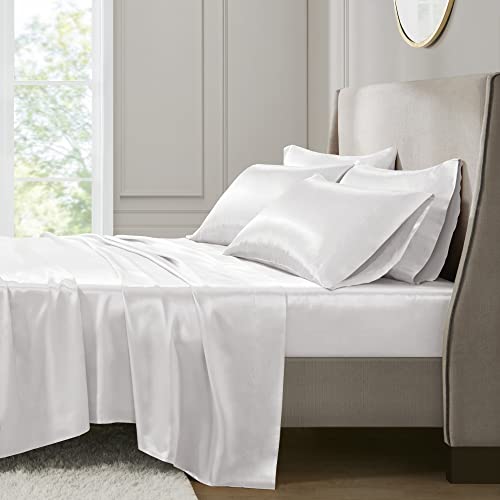 Madison Park Essentials Satin Sheet Set Luxury and Silky with Natural Sheen, Premium 16" Deep Pocket, All Around Elastic - Year-Round Bedding, Cal King, White, 6 Piece