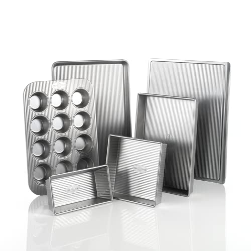 USA Pan Bakeware Aluminized Steel 6 Pieces Set, Cookie Sheet, Half Sheet, Loaf Pan, Rectangular Pan, Square Cake Pan, 12 Cup Muffin Pan & Nonstick Standard Bread Loaf Pan, 1 Pound, Aluminized Steel