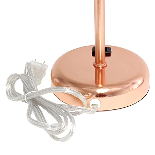 Creekwood Home Oslo 19.5" Contemporary Bedside Power Outlet Base Standard Metal Table Desk Lamp in Rose Gold with White Drum Fabric Shade