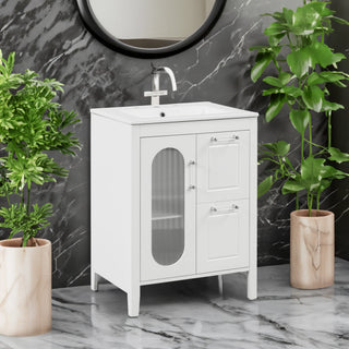 24" Bathroom Vanity with Sink, Bathroom Vanity Cabinet with Two Drawers and Door, Adjustable Shelf, Solid Wood and MDF, White