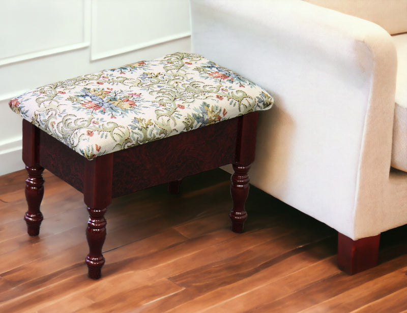 Home Outfitters 12" Ivory Green and  Mahogany Wood And Floral Upholstery Footstool With Storage