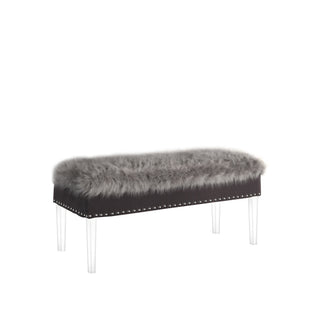 42" Gray and Clear Upholstered Faux Fur Bench with Flip-Top