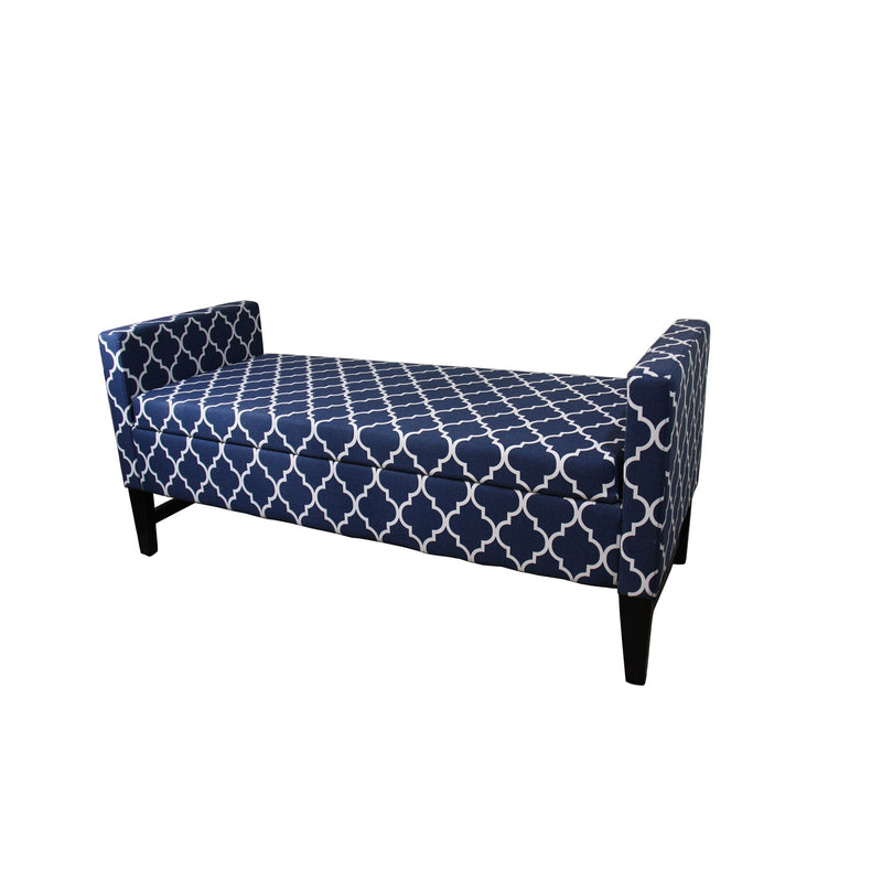 Home Outfitters Blue and White Quatrefoil Dark Wood Storage Bench