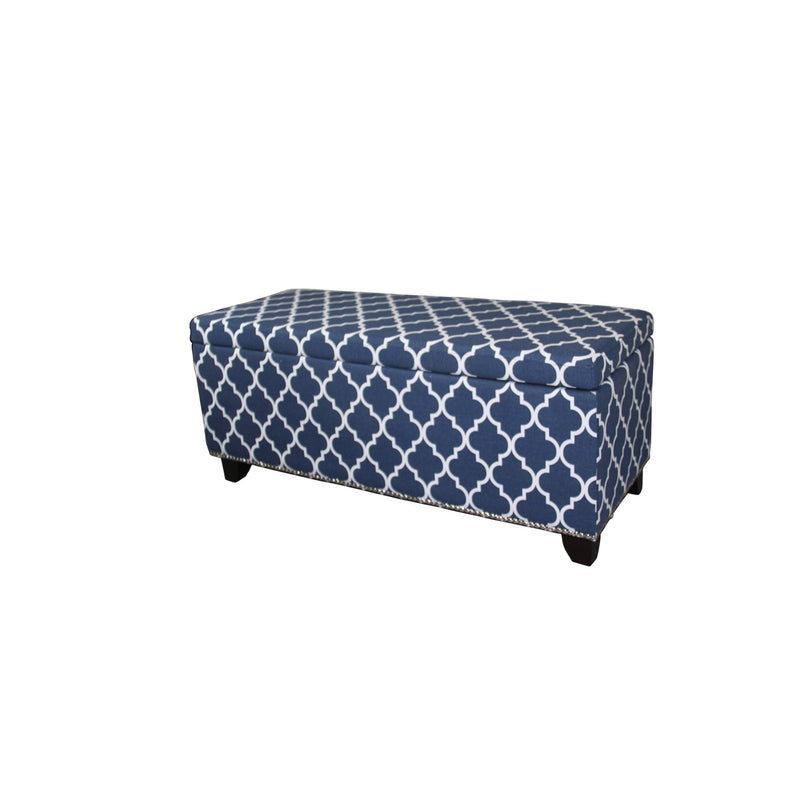 Home Outfitters 42" Blue and White and Dark Brown Upholstered Polyester Quatrefoil Bench with Flip top