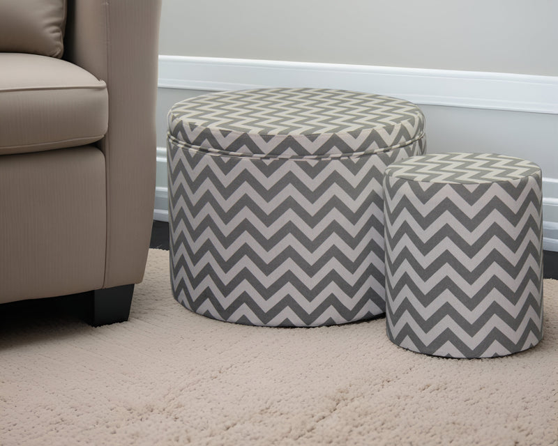 Home Outfitters Set of Two Gray and White Polyester Blend Round Geometric Footstool Ottoman