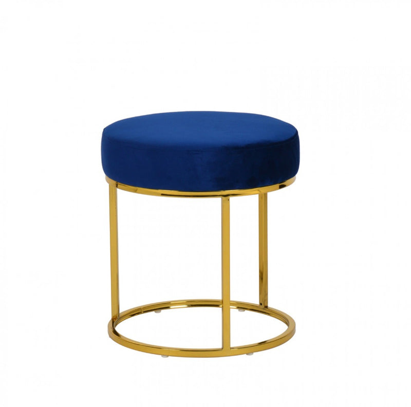 Home Outfitters 16" Blue Velvet And Gold Round Footstool Ottoman