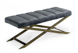 47" Gray And Gold Upholstered Velvet Dining Bench