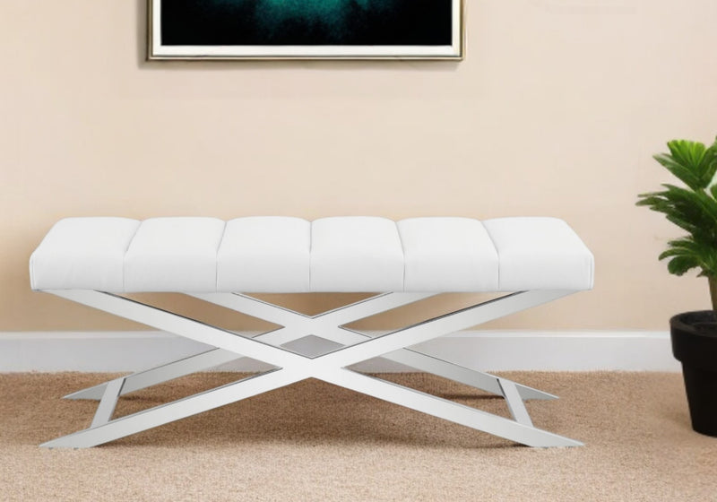 Home Outfitters 47" White and Silver Upholstered Faux Leather Dining Bench