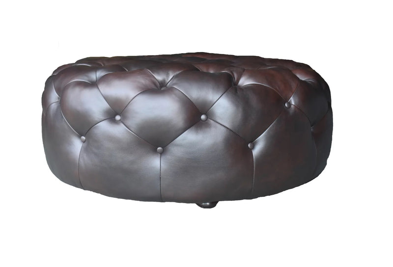 Home Outfitters 41" Brown Genuine Leather And Dark Brown Tufted Round Ottoman