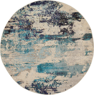 Home Outfitters 4' X 4' Ivory And Teal Blue Round Abstract Power Loom Non Skid Area Rug